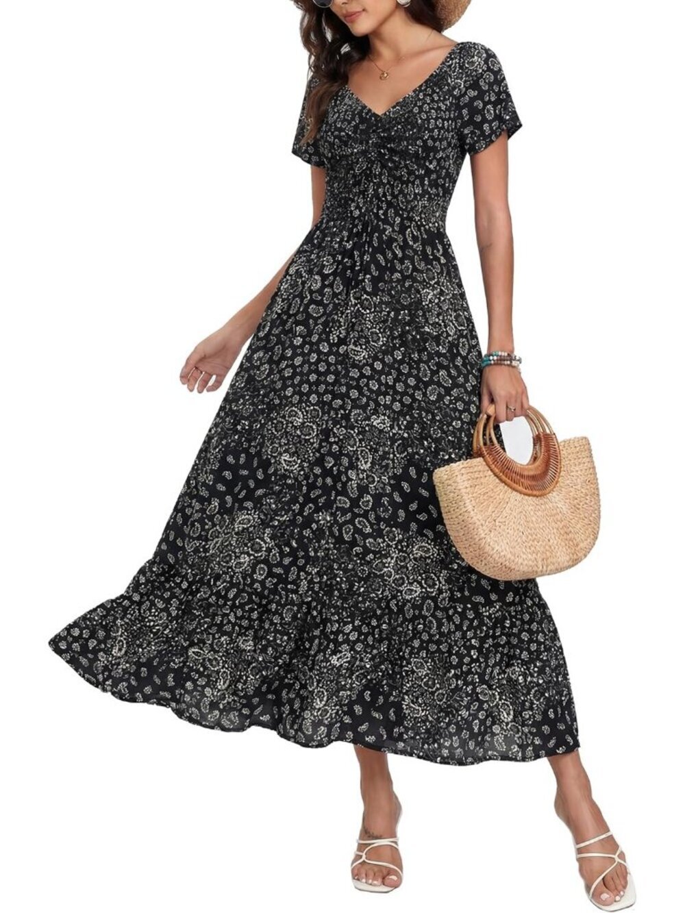 Women's Black Cashew Flower Flowy Ruffled Beach Short Lightweight Maxi Dress